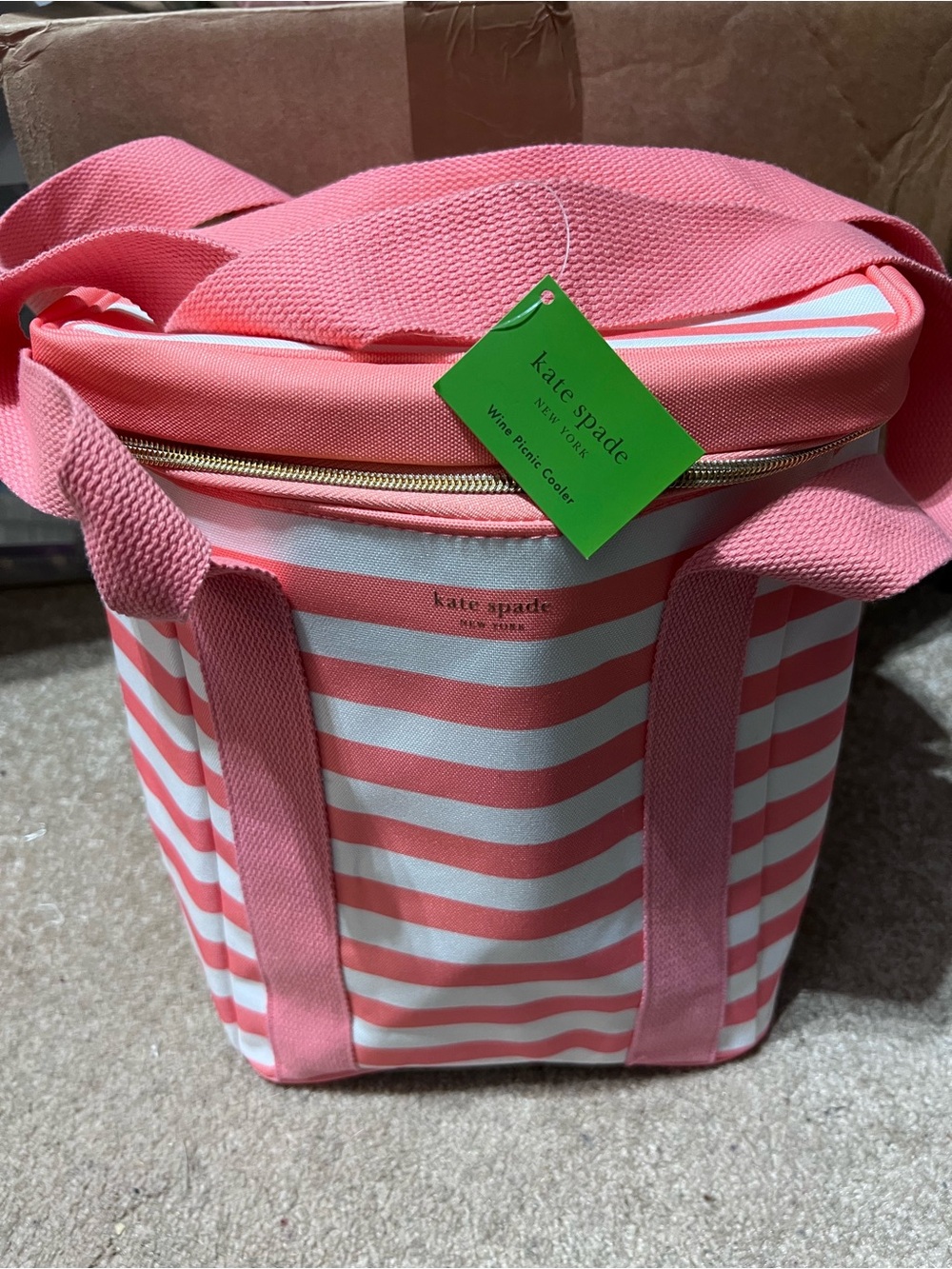 kate spade coral pink and white striped insulated wine cooler tote